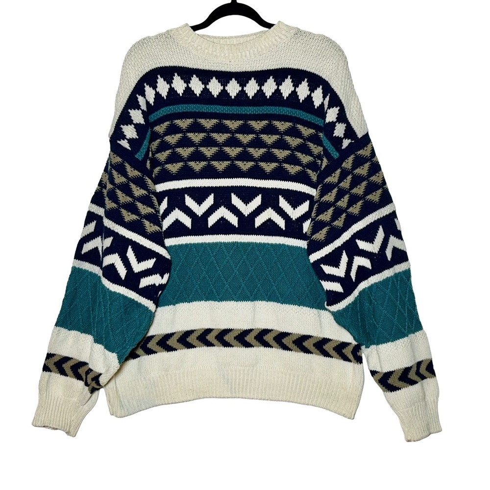 Vintage John Weitz Preppy Geometric Holiday Sweater in Green, Tan, & Cream, M